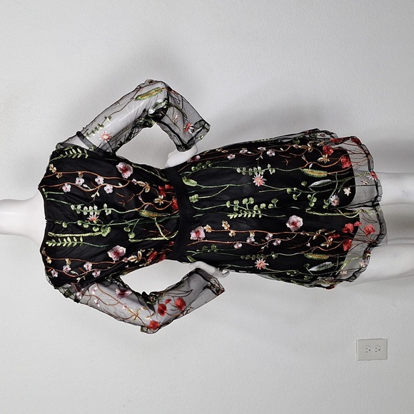 Black Floral Embroidered Romantic Sheer Whimsigoth Long Sleeve Dress Size M - Picture 7 of 12